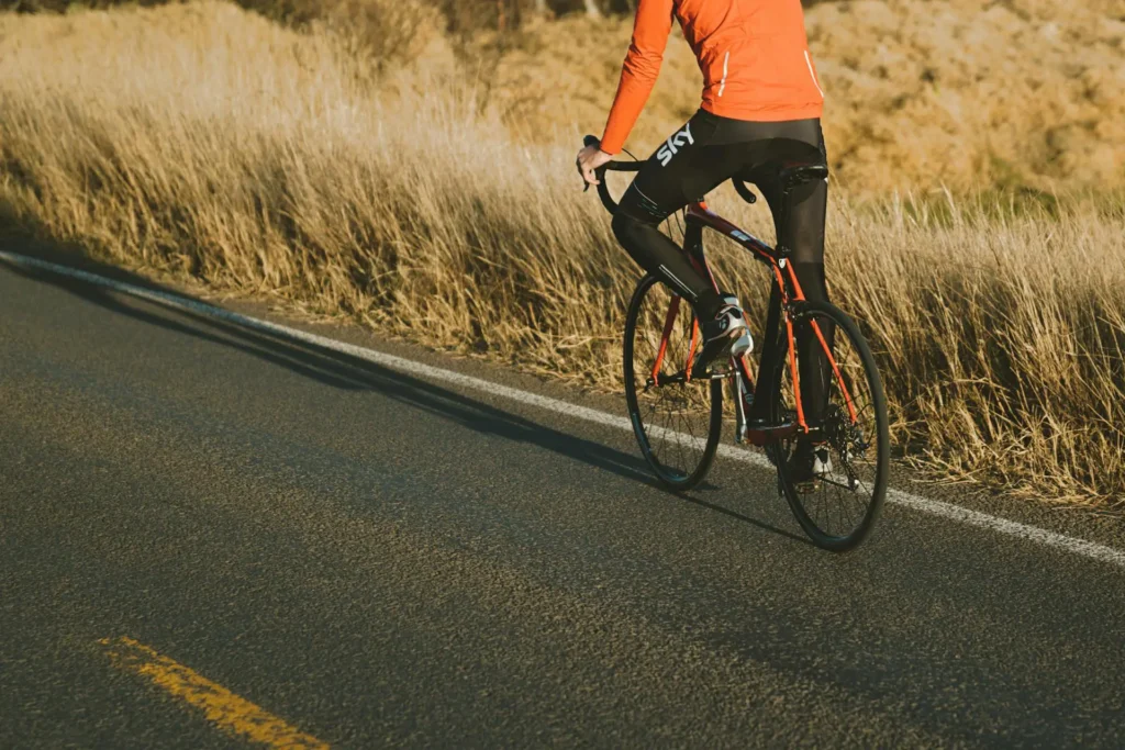 In the image a cyclist is riding his bicycle on an asphalt road with a meadow next to it.